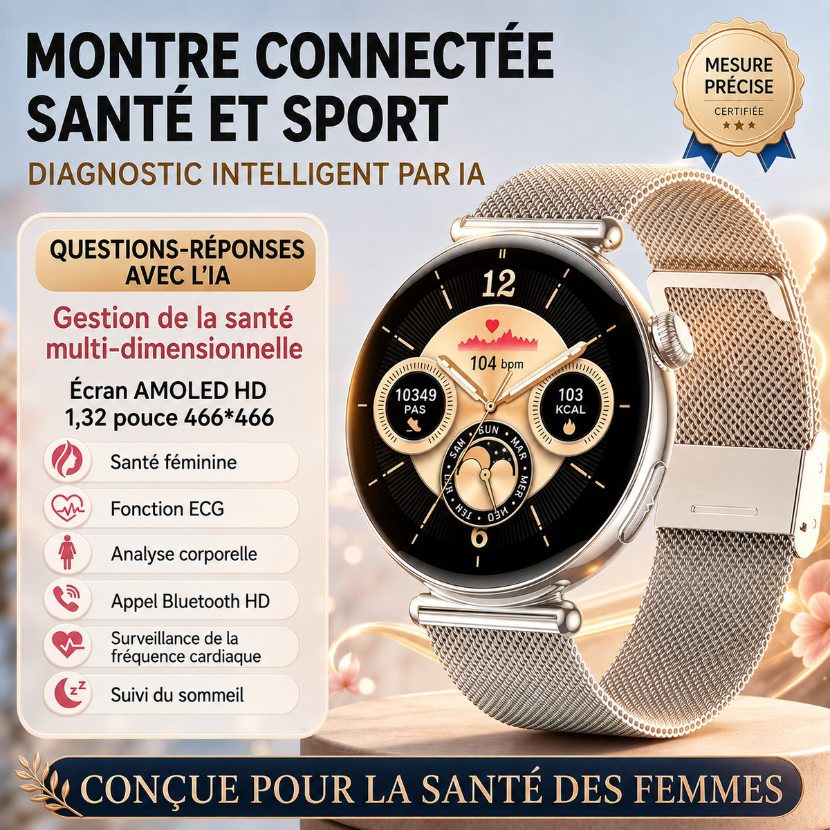Montre Connectée Femme 2026 – ECG, Tension Artérielle, Écran AMOLED, Bluetooth 5.3