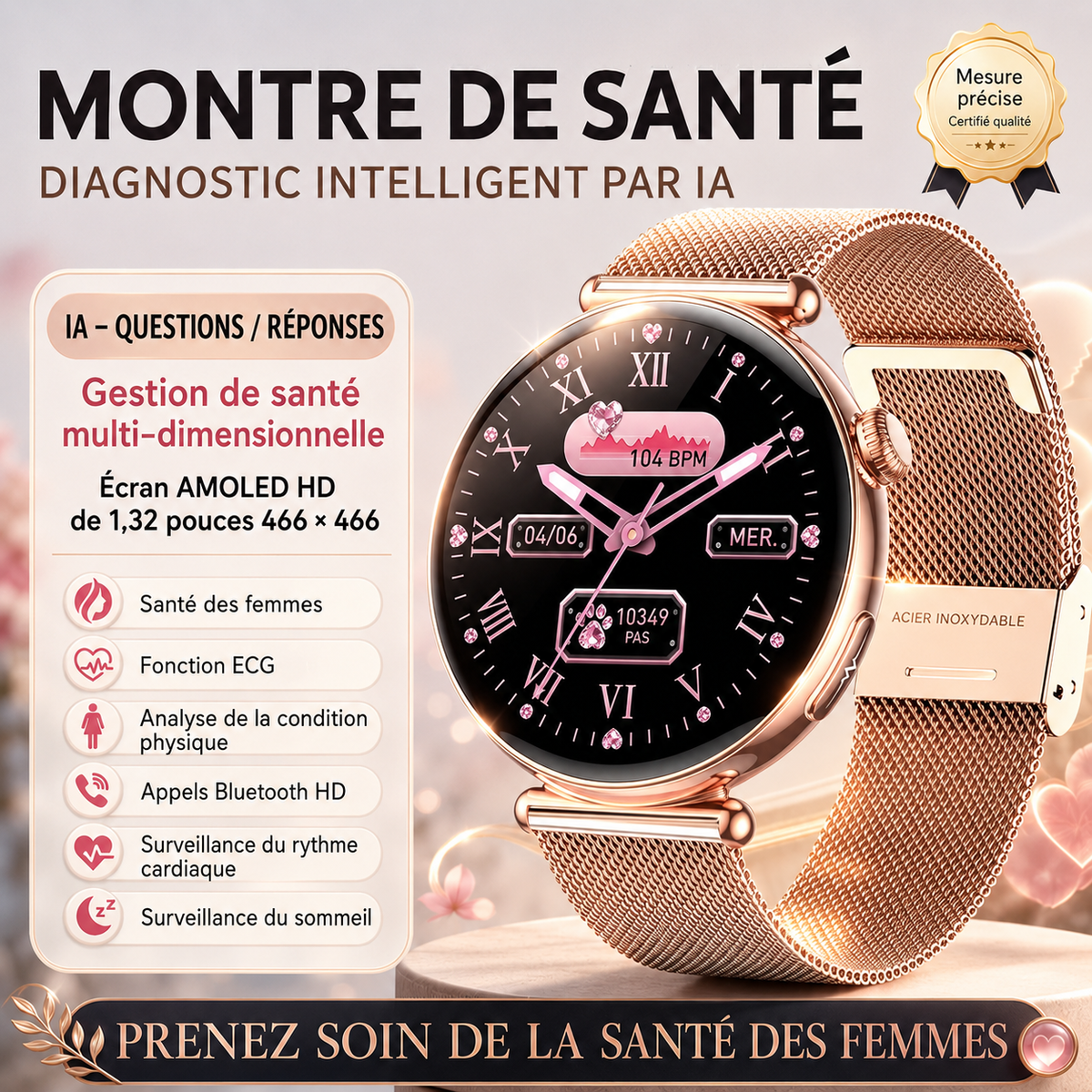 Montre Connectée Femme 2026 – ECG, Tension Artérielle, Écran AMOLED, Bluetooth 5.3