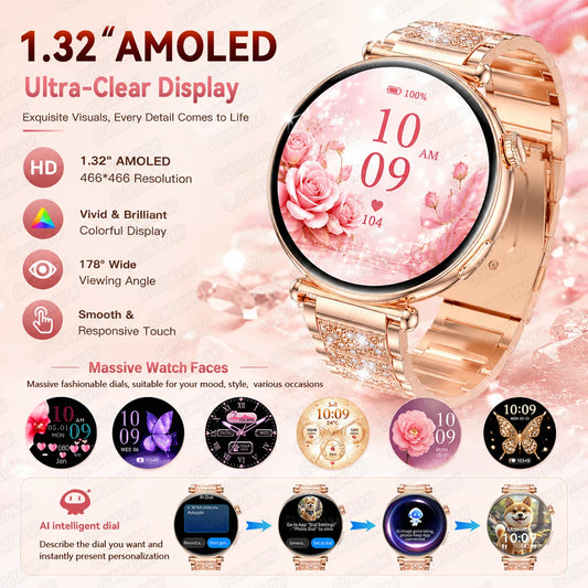 Montre Connectée Femme 2026 – ECG, Tension Artérielle, Écran AMOLED, Bluetooth 5.3