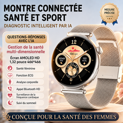 Montre Connectée Femme 2026 – ECG, Tension Artérielle, Écran AMOLED, Bluetooth 5.3