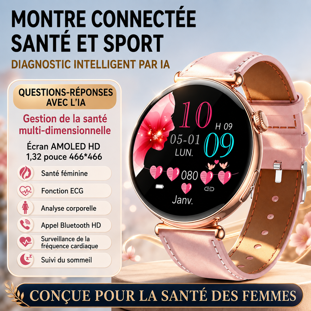 Montre Connectée Femme 2026 – ECG, Tension Artérielle, Écran AMOLED, Bluetooth 5.3