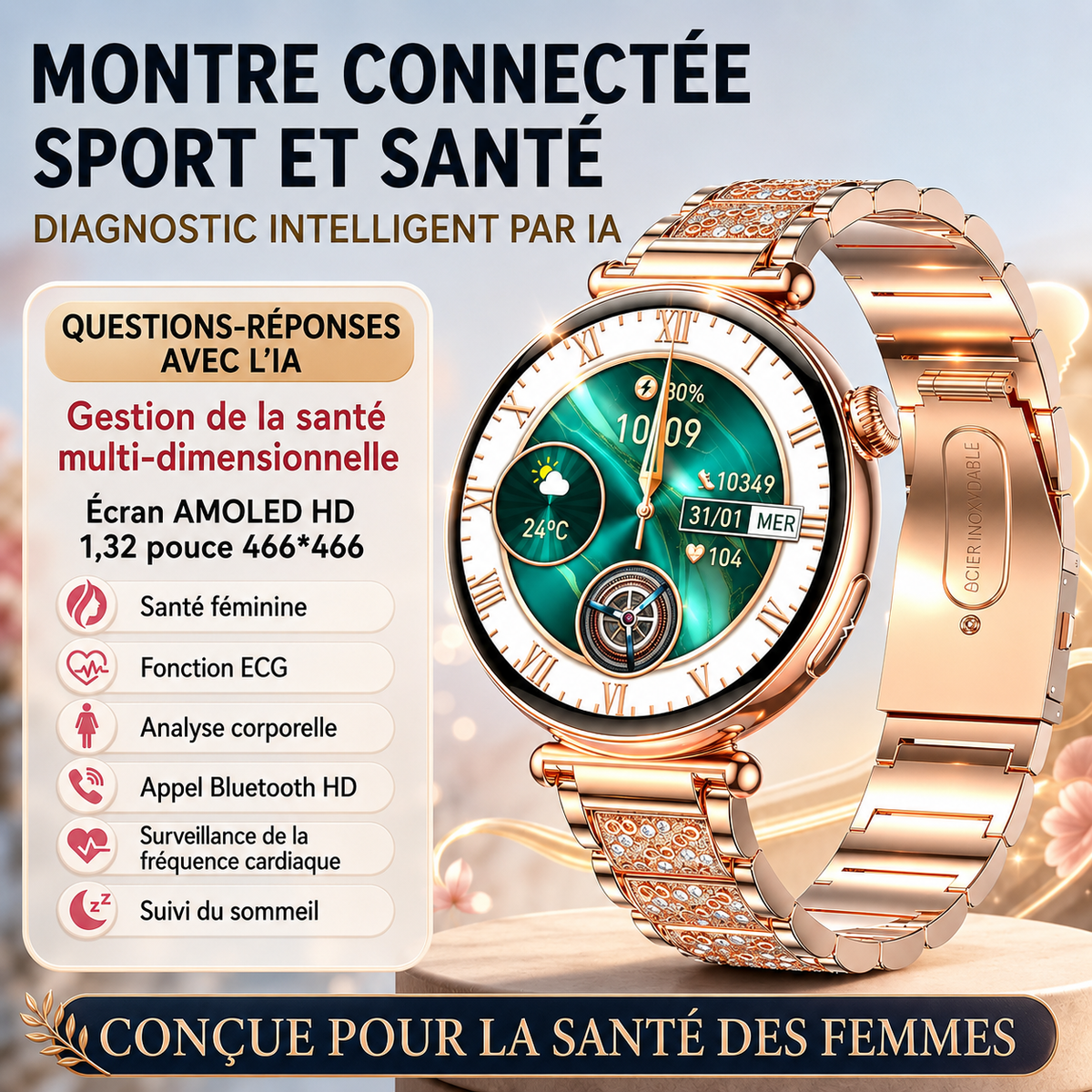 Montre Connectée Femme 2026 – ECG, Tension Artérielle, Écran AMOLED, Bluetooth 5.3
