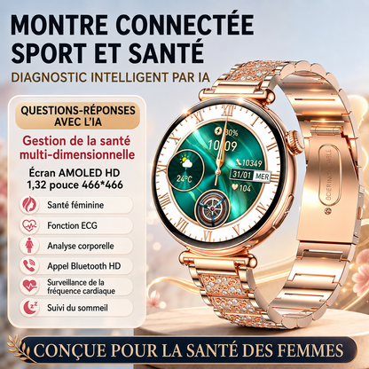 Montre Connectée Femme 2026 – ECG, Tension Artérielle, Écran AMOLED, Bluetooth 5.3
