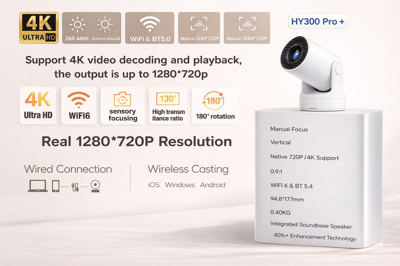 Zarriver HY300-G Mini projecteur portable Magcubic™ avec Bluetooth 5.4, Wi-Fi 6, prise en charge 4K, haut-parleur intégré de 5 watts, résolution ANSI 260, Android 11 (Copie)